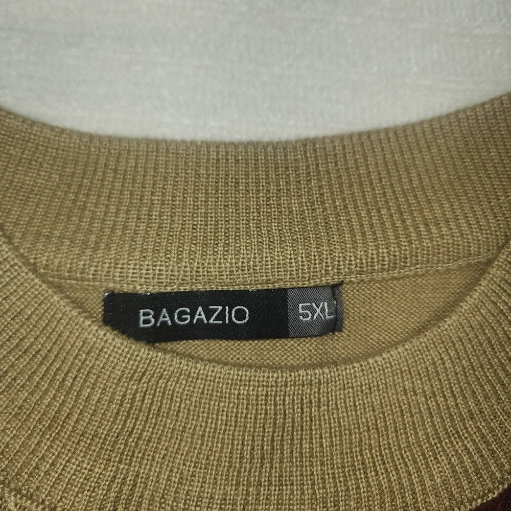 Bagazio Mens 5XL Sweater Tan Burgundy‎ Vertical Stripe Textured Knit Crewneck